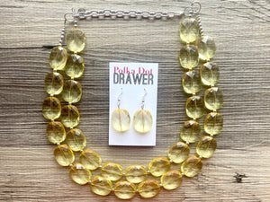 Pale Yellow Statement Necklace, Oval Beaded Everyday yellow jewelry, silver accents chunky bib necklace, clear resin lucite earrings yellow