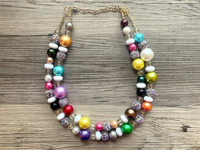 Birthday Vacation Multi-Color Rainbow Gold Necklace, Shower Chunky Statement Necklace Happy Bright Summer Jewelry, big beaded jewelry