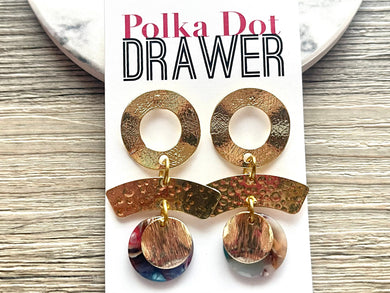 Gold & Rainbow Statement Earrings, Gold drop Earrings, shiny jewelry earrings metal geometric, full moon dangle large earrings