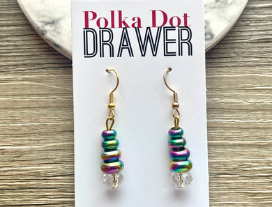 Rainbow Beaded Crystal drop Earrings, Dangle drop Earrings, geometric jewelry earrings metal neutral boutique stud statement earrings