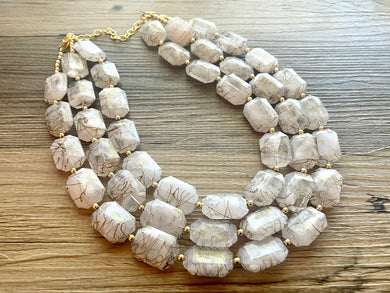 White & Gold Big Bead Necklace, gold 3 Strand Statement Jewelry, clear Chunky bib, bridesmaid necklace, beaded jewelry painted