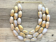 Load image into Gallery viewer, Gold &amp; White triple chunky statement necklace, big beaded jewelry, gifts for women bib jewelry Multi-Strand metallic resin gold painted