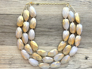 Gold & White triple chunky statement necklace, big beaded jewelry, gifts for women bib jewelry Multi-Strand metallic resin gold painted