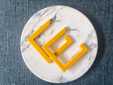 Mustard Geometric Hoop earrings, square earrings, tortoise shell jewelry, marigold yellow earrings, hoops acrylic acetate lucite drop