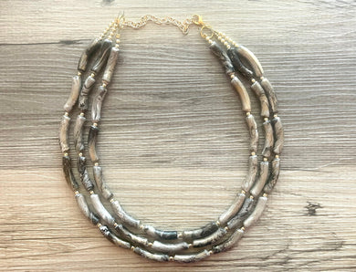 White Black & Gold Big Bead Necklace, gold 3 Strand Statement Jewelry, clear Chunky bib, bridesmaid necklace, beaded jewelry painted