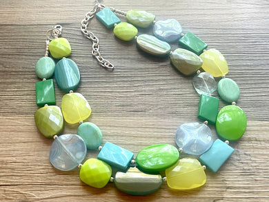 Blue Water Breeze double strand OOAK statement Necklace, Green Lime Beaded Necklace, summer silver jewelry blue aqua turquoise