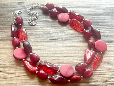 Sangria double strand OOAK statement Necklace, Deep Red Beaded Necklace, summer silver jewelry Maroon Crimson Cranberry