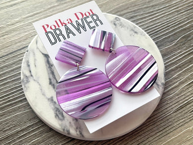 Purple Striped Shell Teardrop earrings, round circle earrings, tortoise jewelry, purple earrings, tortoise hoops, lilac acetate earring