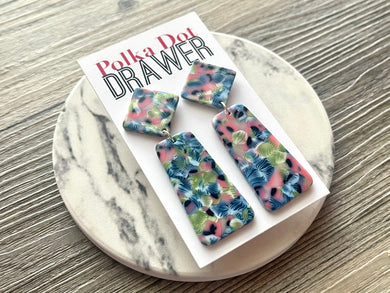 Floral Garden earrings, brass jewelry, silver geometric earrings pierced dangle drop Statement gold metal brass pink red blue