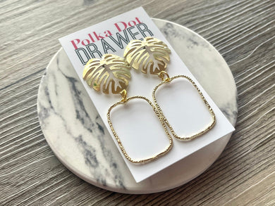 Gold Drop Simple Earrings, Statement pierced Jewelry, dangle Drop earrings, geometric earrings, gold Palm Leaf rectangle everyday earrings