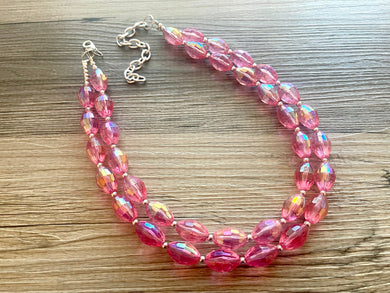 Pink Rainbow OOAK chunky beaded statement necklace, pink & silver necklace, golden 2 strand hot pink girls night jewelry