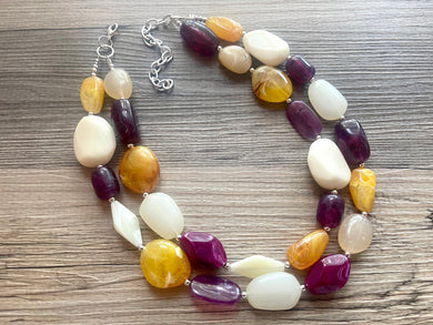 Lemon Lavender Gin Fizz double strand OOAK statement Necklace, cream yellow Purple Beaded Necklace, summer silver jewelry cocktail marigold