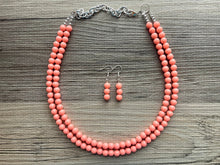 Load image into Gallery viewer, Two Strand Coral Statement Necklace, pink - orange beaded jewelry, peach necklace, coral jewelry, peach bridesmaid, coral earrings bead