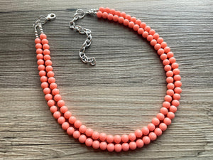 Two Strand Coral Statement Necklace, pink - orange beaded jewelry, peach necklace, coral jewelry, peach bridesmaid, coral earrings bead