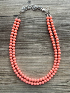 Two Strand Coral Statement Necklace, pink - orange beaded jewelry, peach necklace, coral jewelry, peach bridesmaid, coral earrings bead