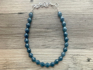 Vintage Gray Blue Single Strand Statement Necklace, Bridesmaid Everyday Bib Jewelry, navy blue & silver beaded jewelry strand