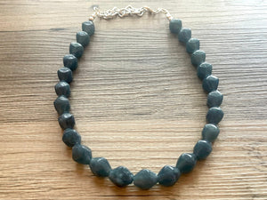 Vintage Gray Blue Single Strand Statement Necklace, Bridesmaid Everyday Bib Jewelry, navy blue & silver beaded jewelry strand