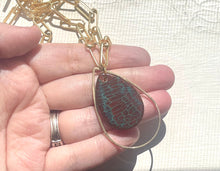 Load image into Gallery viewer, SALE! Dragon Vein turquoise Long Gold necklace, box chain gold statement necklace, red brown teardrop charm pendant