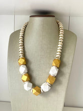 Load image into Gallery viewer, Gold &amp; White Chunky Long Statement Necklace, long gold necklace, beaded long necklace, white wood beaded statement jewelry