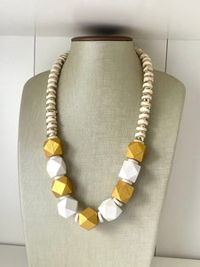 Gold & White Chunky Long Statement Necklace, long gold necklace, beaded long necklace, white wood beaded statement jewelry