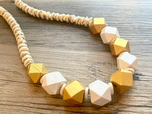 Load image into Gallery viewer, Gold &amp; White Chunky Long Statement Necklace, long gold necklace, beaded long necklace, white wood beaded statement jewelry