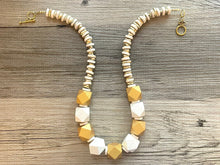 Load image into Gallery viewer, Gold &amp; White Chunky Long Statement Necklace, long gold necklace, beaded long necklace, white wood beaded statement jewelry