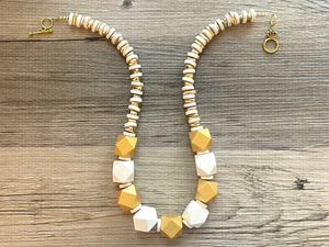 Gold & White Chunky Long Statement Necklace, long gold necklace, beaded long necklace, white wood beaded statement jewelry