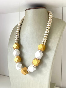 Gold & White Chunky Long Statement Necklace, long gold necklace, beaded long necklace, white wood beaded statement jewelry