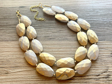 Golden Stardust Necklace, Double strand bright jewelry, big beaded chunky statement, summer necklace bright white gold