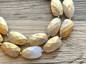 Golden Stardust Necklace, Double strand bright jewelry, big beaded chunky statement, summer necklace bright white gold