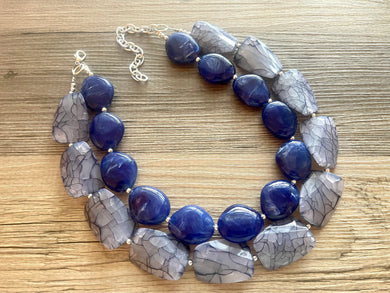 Blue Ombré Double Strand Statement Necklace, Chunky Royal Blue Oval crackle Beaded Bib Jewelry, dark blue jewlery necklace earrings