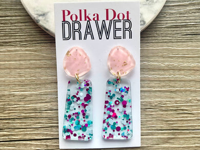 Blush + Confetti Acrylic statement earrings, Geometric bead Statement acetate colorful jewelry gold necklace chunky drop hook earrings