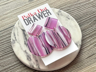 Purple Striped Shell Teardrop earrings, round circle earrings, tortoise jewelry, gray earrings, tortoise black lined acetate earring