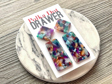 Purple Rainbow Acrylic statement earrings, Geometric bead Statement acetate colorful jewelry floral necklace chunky drop hook earrings