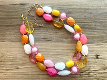 Load image into Gallery viewer, Colada Sunrise double strand OOAK statement Necklace, Pink orange white Beaded Necklace, summer party silver jewelry magenta hot pink