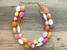 Load image into Gallery viewer, Colada Sunrise double strand OOAK statement Necklace, Pink orange white Beaded Necklace, summer party silver jewelry magenta hot pink