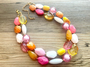 Colada Sunrise double strand OOAK statement Necklace, Pink orange white Beaded Necklace, summer party silver jewelry magenta hot pink