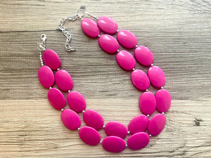 Big Bead pink Necklace, Double Strand Statement Jewelry, magenta pink Chunky bib bridesmaid, hot pink jewelry, dark pink necklace