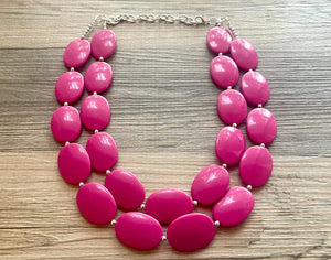 Big Bead pink Necklace, Double Strand Statement Jewelry, magenta pink Chunky bib bridesmaid, hot pink jewelry, dark pink necklace