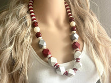 Load image into Gallery viewer, Silver &amp; Red Chunky Long Statement Necklace, long silver necklace, beaded long necklace, red wood beaded statement jewelry