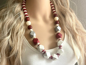 Silver & Red Chunky Long Statement Necklace, long silver necklace, beaded long necklace, red wood beaded statement jewelry