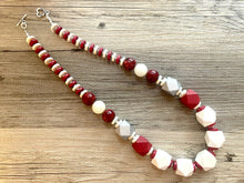 Load image into Gallery viewer, Silver &amp; Red Chunky Long Statement Necklace, long silver necklace, beaded long necklace, red wood beaded statement jewelry