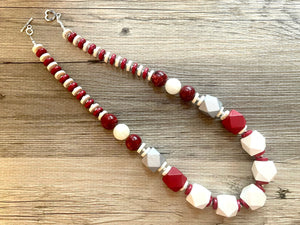 Silver & Red Chunky Long Statement Necklace, long silver necklace, beaded long necklace, red wood beaded statement jewelry