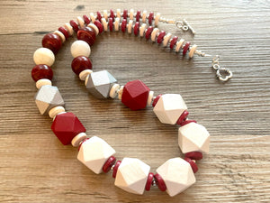 Silver & Red Chunky Long Statement Necklace, long silver necklace, beaded long necklace, red wood beaded statement jewelry