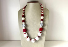 Load image into Gallery viewer, Silver &amp; Red Chunky Long Statement Necklace, long silver necklace, beaded long necklace, red wood beaded statement jewelry