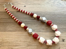 Load image into Gallery viewer, Silver &amp; Red Chunky Long Statement Necklace, long silver necklace, beaded long necklace, red wood beaded statement jewelry