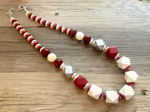 Silver & Red Chunky Long Statement Necklace, long silver necklace, beaded long necklace, red wood beaded statement jewelry