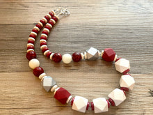 Load image into Gallery viewer, Silver &amp; Red Chunky Long Statement Necklace, long silver necklace, beaded long necklace, red wood beaded statement jewelry