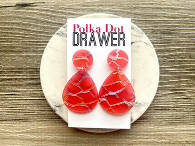 Red & Silver Crackle Shell Teardrop earrings, round circle earrings, tortoise jewelry, red earrings, tortoise hoops, red acetate earring