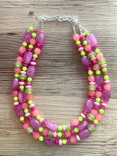 Load image into Gallery viewer, Ibiza Statement Necklace, Chunky 3 Strand Jewelry, pink coral green necklace hot pink purple necklace, silver bib beaded necklace